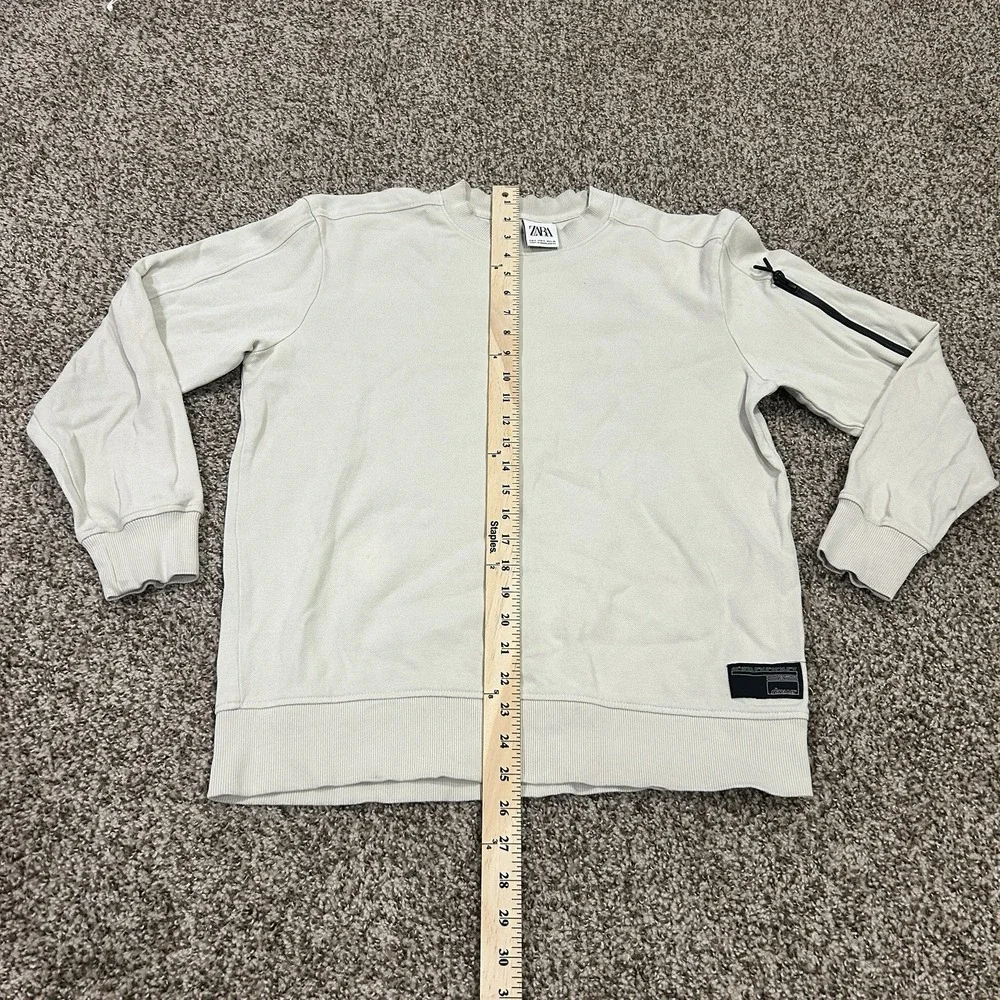 Zara Mens Crew Neck Sweater Cream White Knit Utility Sleeve Pocket Small